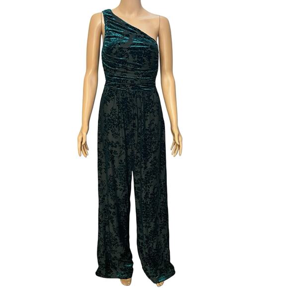 Lulus Pants - Lulus Elegant Forever Velvet Burnout Jumpsuit Small Wide Leg One Shoulder Teal